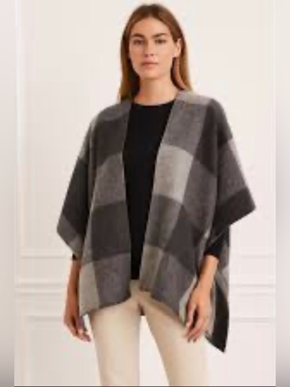 Talbots Wool Cashmere Blend NWT Plaid Poncho Wrap Cape Gray Black S/M